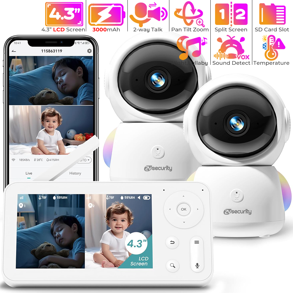 Smart Home Battery Camera - Monitor bayi 2K, dengan 2 kamera